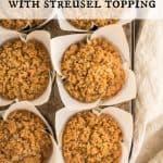 Close up overhead view of Pumpkin Streusel Muffins in tulip liners, inside the baking tin. Text overlay reads: Pumpkin Muffins with Streusel Topping.