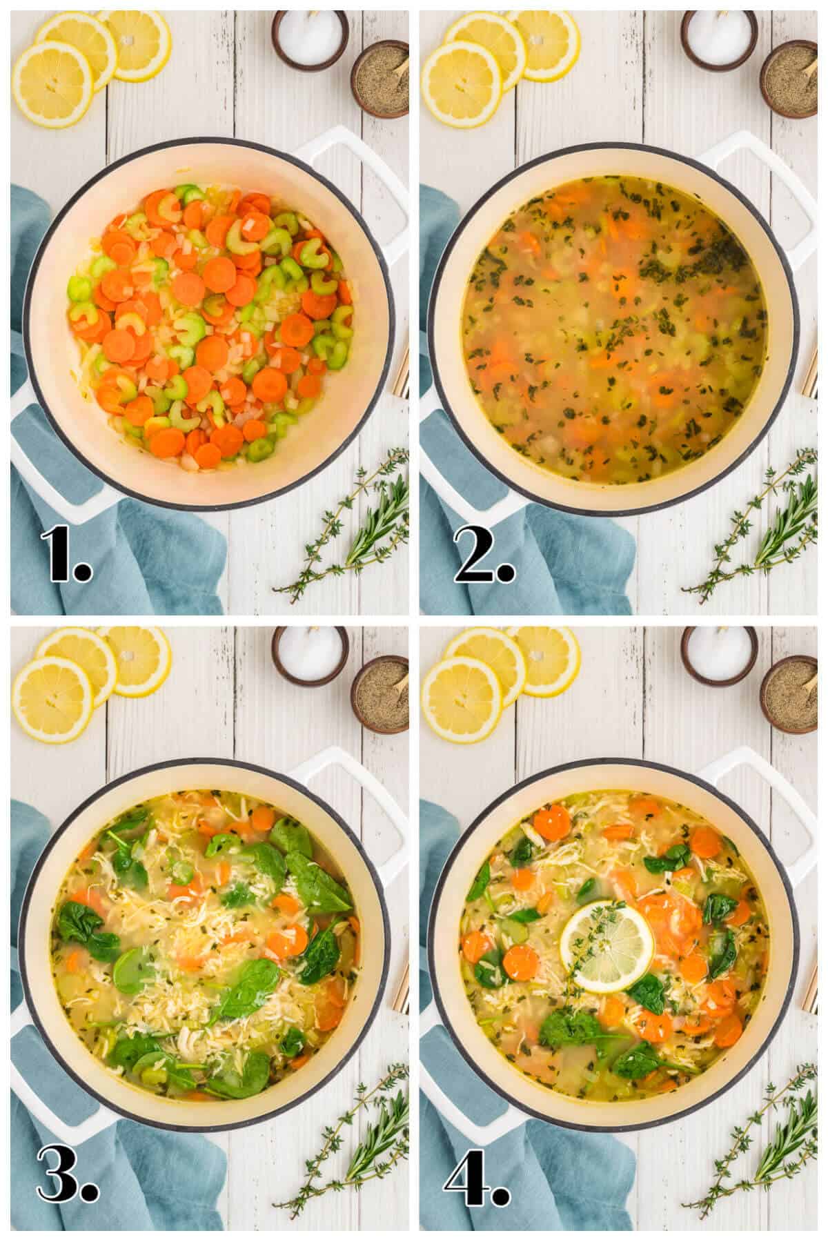 4 picture collage showing the steps to make Lemon Orzo Soup