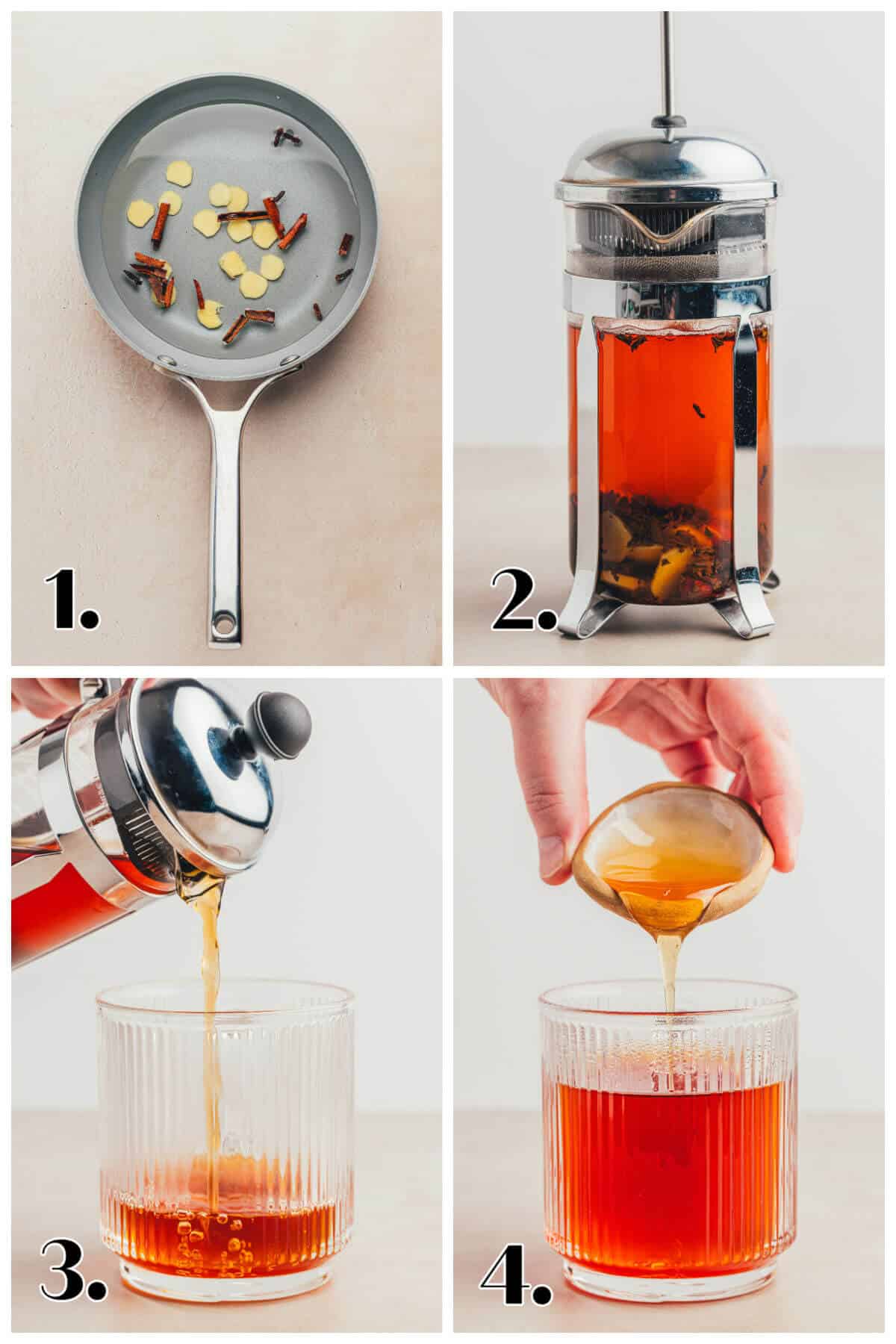 A 4 image collage of the steps to making a non alcoholic hot toddy